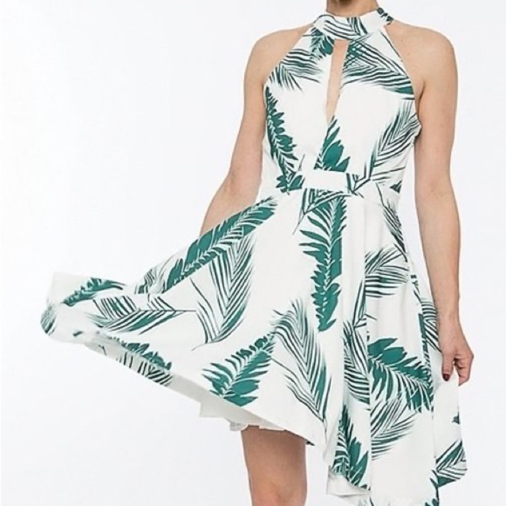 Haute Rogue - White & Green Tropical Leaf Violet Fit & Flare Dress - S